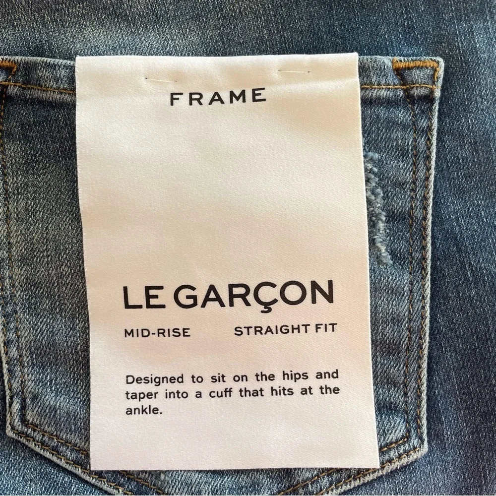 New! Frame Le Garçon Azure Blue Mid Rise Distressed Straight Jeans 22624 - Picture 8 of 14